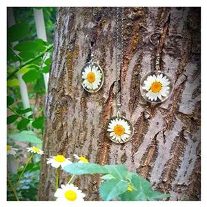 نیم ست گردنبند و گوشواره دست ساز حاوی گل مینای طبیعی کد 5399 Nature Sign Handmade necklace earrings set with natural Chrysanthemum paludosum 