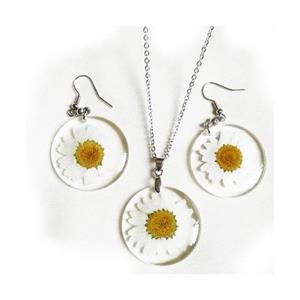 نیم ست گردنبند و گوشواره دست ساز حاوی گل مینای طبیعی کد 5399 Nature Sign Handmade necklace earrings set with natural Chrysanthemum paludosum 